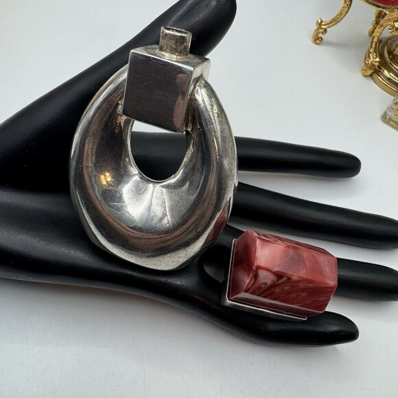 Vintage Sterling Silver Perfume Bottle Red Swirl Acrylic Top Signed Modernist - Picture 9 of 11